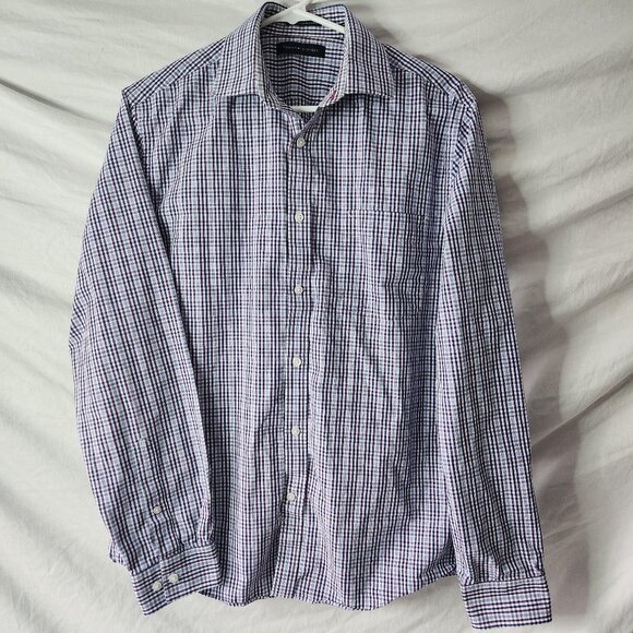 Tommy Hilfiger Mens Dress Shirt Slim Fit 15.5 34/35 Blue White Plaid 100% Cotton - Picture 1 of 7